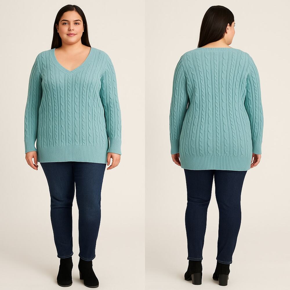 JCP Womens 1X Aqua Blue Cable Knit V-Neck Pullover Sweater Long Sleeve Soft Knit